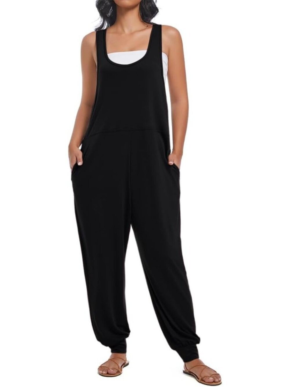 Women's Black Casual Loose Jumpsuits Harem Long Pants Sleeveless Romper
